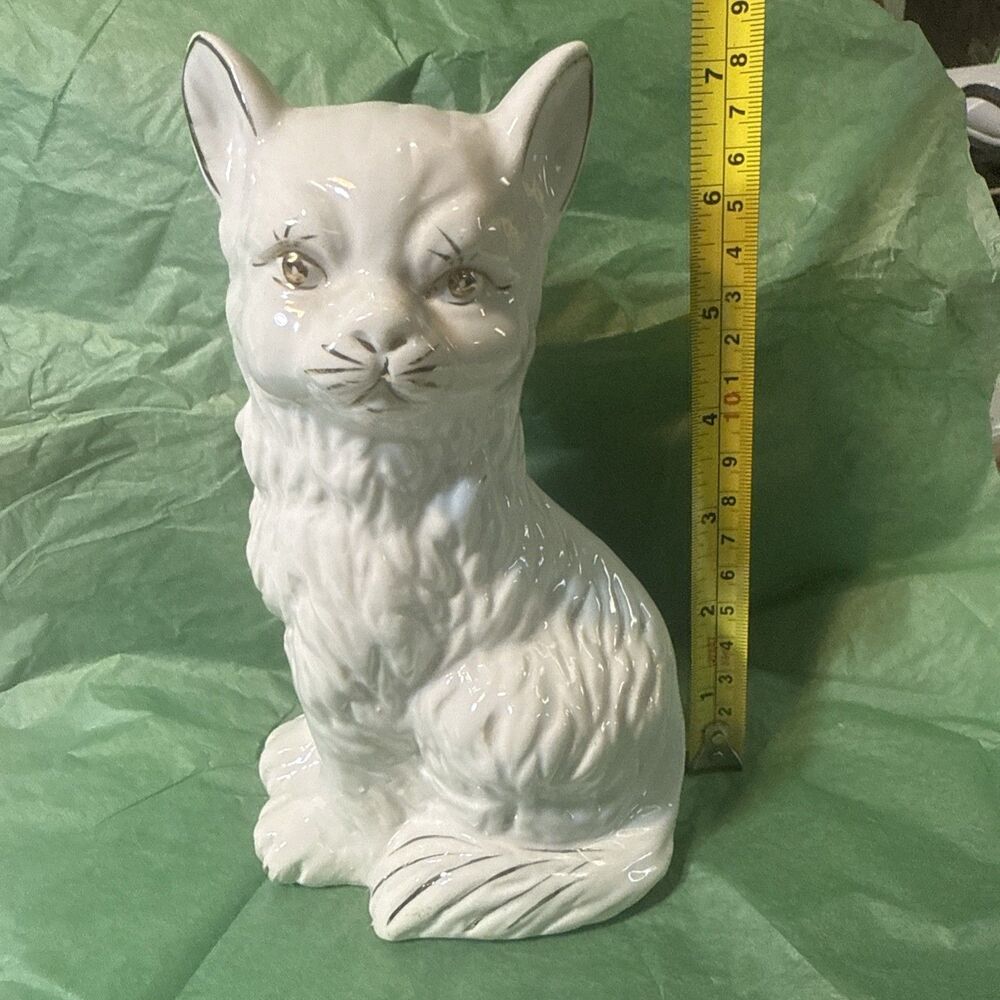 Vintage 1980s Atlantic Mold White Ceramic Persian Cat Figurine Gold Accents